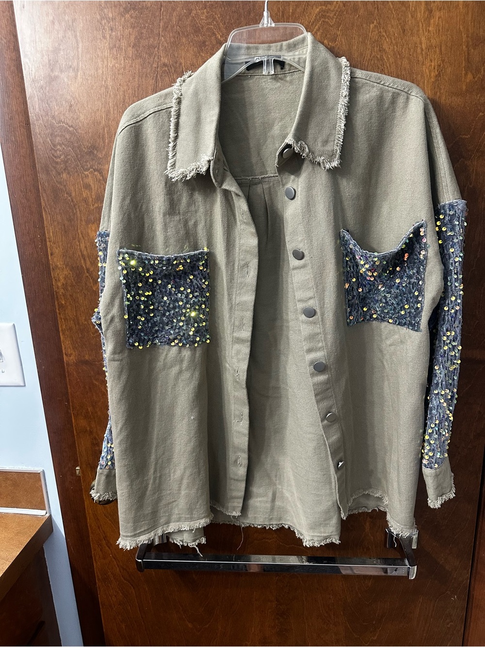 CHICME jacket taupe with gray velvet sleeves and pocket sz S CHIC ME raw edge